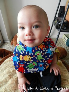 Baby J with his BB sock monkey bib
