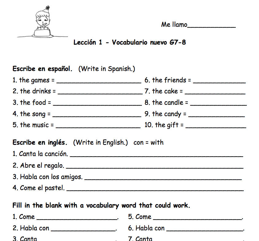 Spanish Worksheet grades 7-8