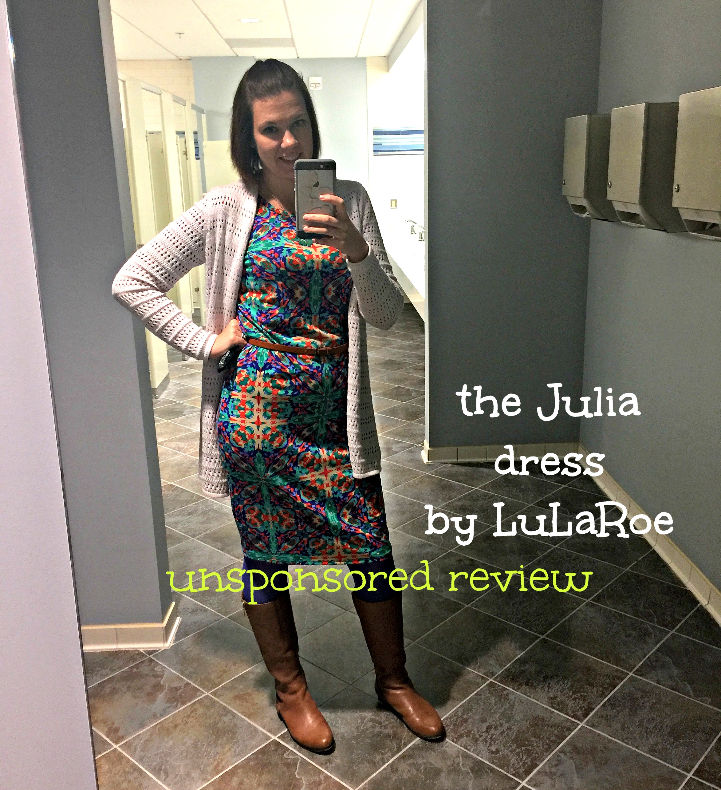 Wearing a larger size LuLaRoe Julia dress (belted or tied from the inside  with a hair tie) Search LuLaRoe wi…